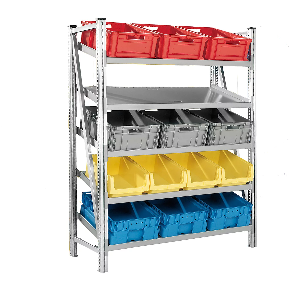 Un rayonnage de stockage avec des conteneurs rouges, gris, jaunes et bleus. Le cadre en métal porte les conteneurs de différentes couleurs.