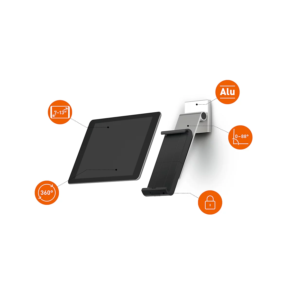 Tablette murale DURABLE WALL PRO, pour 7-13″, orientable sur 360°, avec angle d'inclinaison, protection antivol