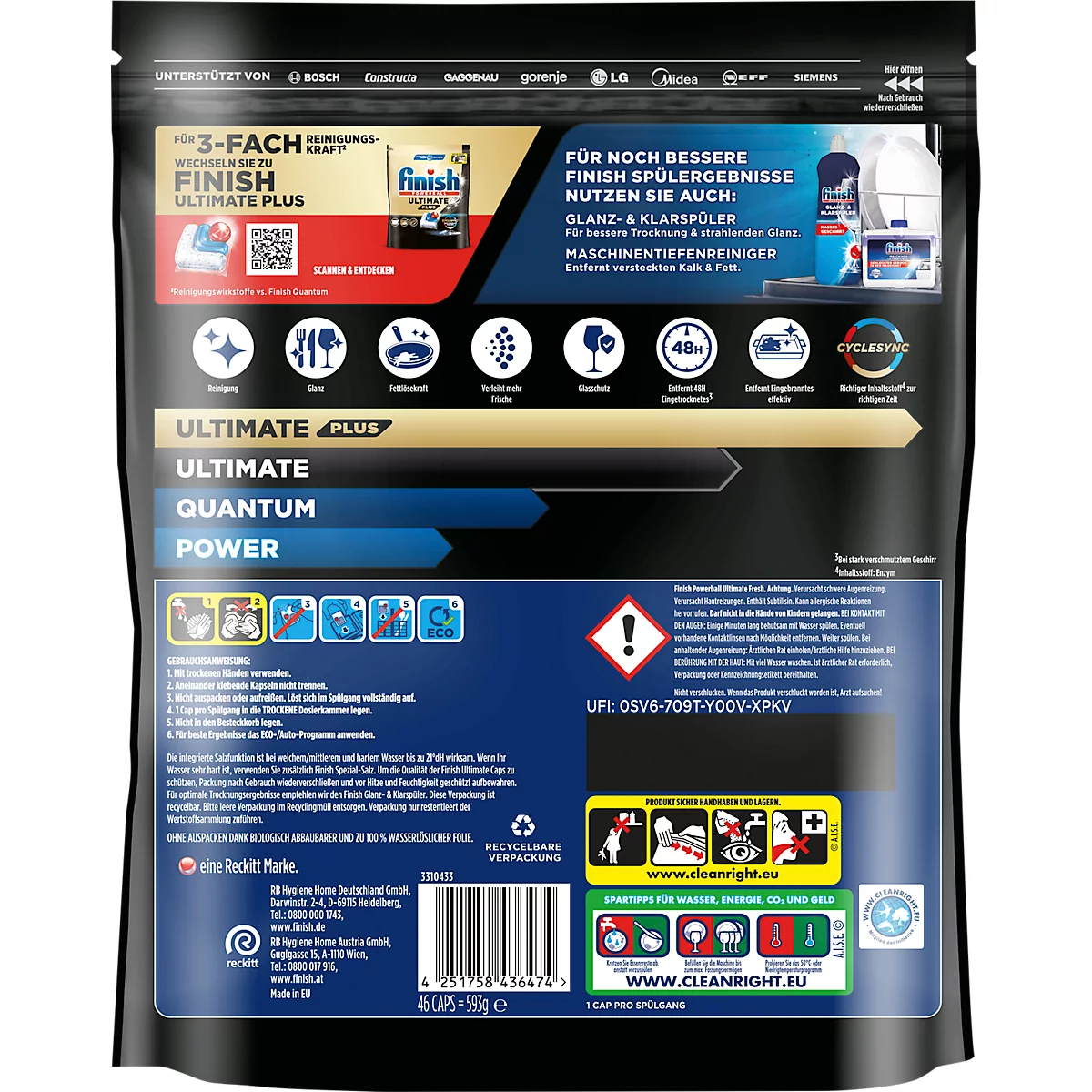 Dos de l'emballage noir de Finish Ultimate Plus pour lave-vaisselle, avec informations sur le produit et avertissements.