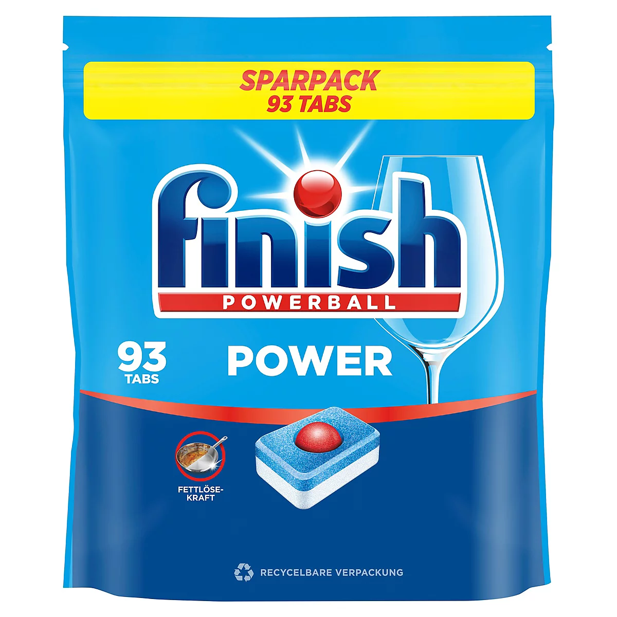 Pack économique de 93 tablettes lave-vaisselle Finish Powerball dans un emballage bleu.