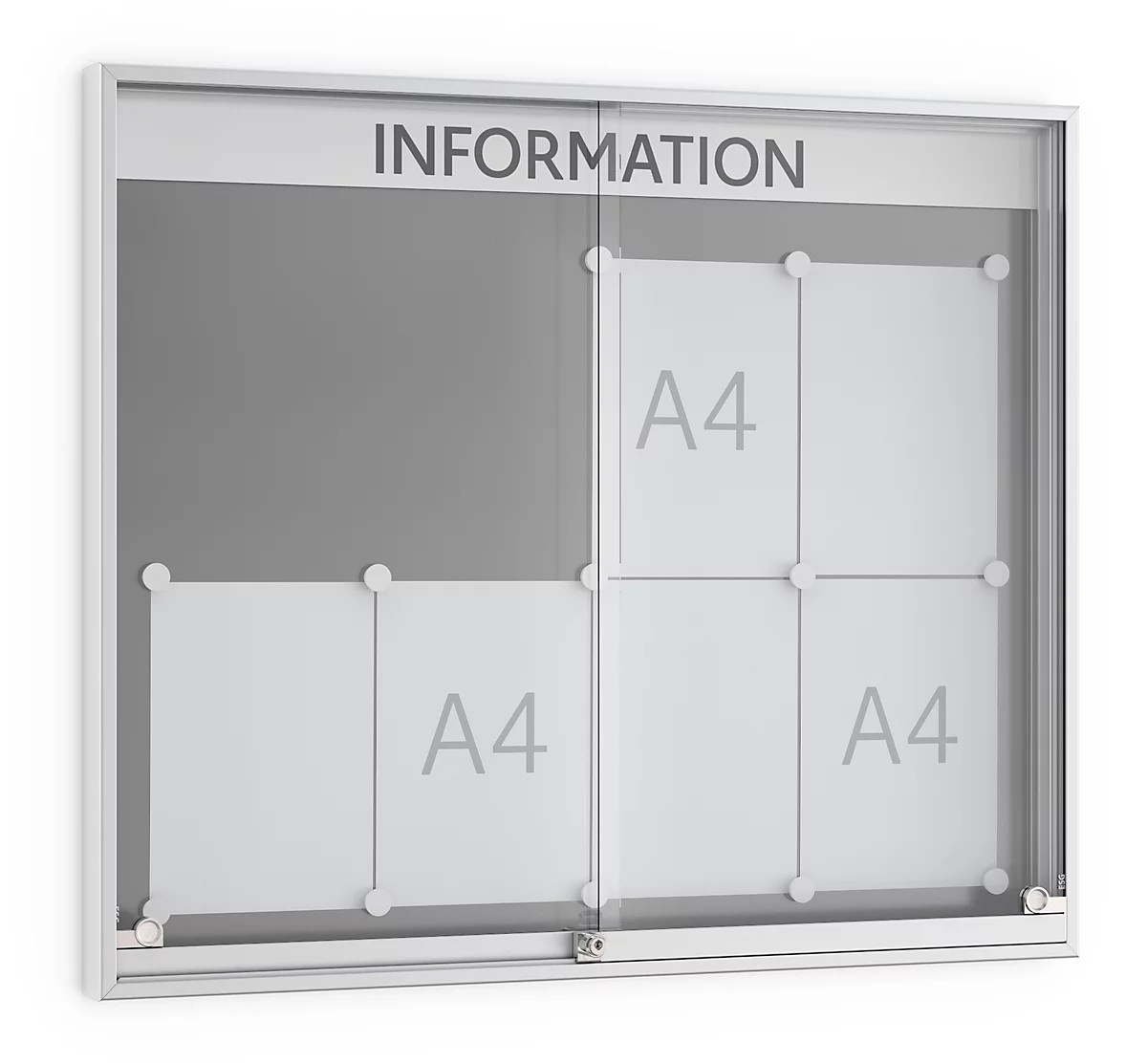 Tablón de anuncios con puerta corredera, profundidad 60 mm, 4 x 2, color aluminio-plateado