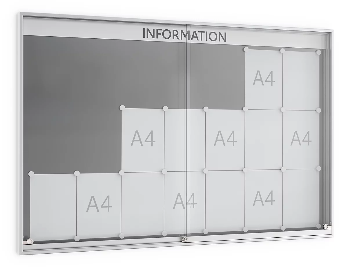 Tablón de anuncios con puerta corredera, profundidad 60 mm, 7 x 3, color aluminio-plateado