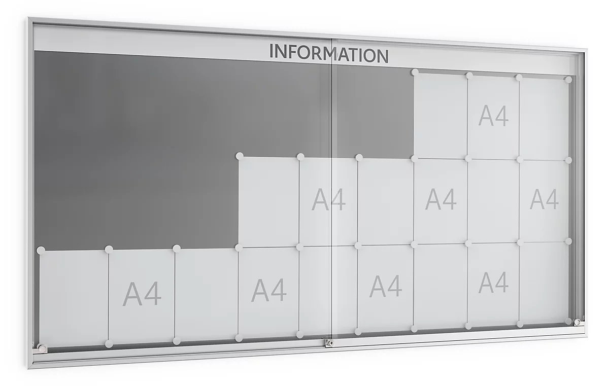 Tablón de anuncios con puerta corredera, profundidad 60 mm, 9 x 3, color aluminio-plateado