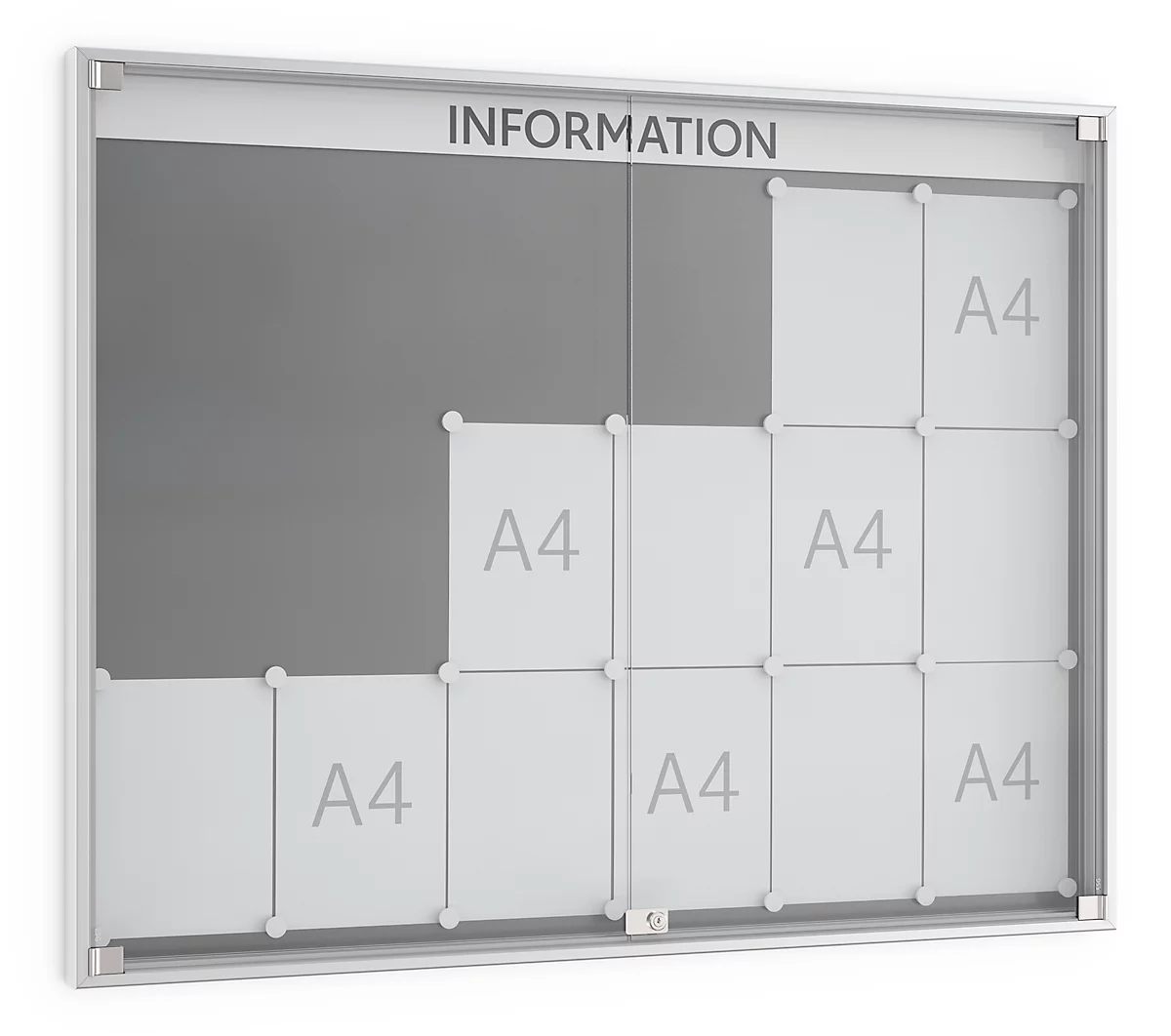Tablón de anuncios de puerta giratoria, profundidad 60 mm, 6 x 3, aluminio plateado
