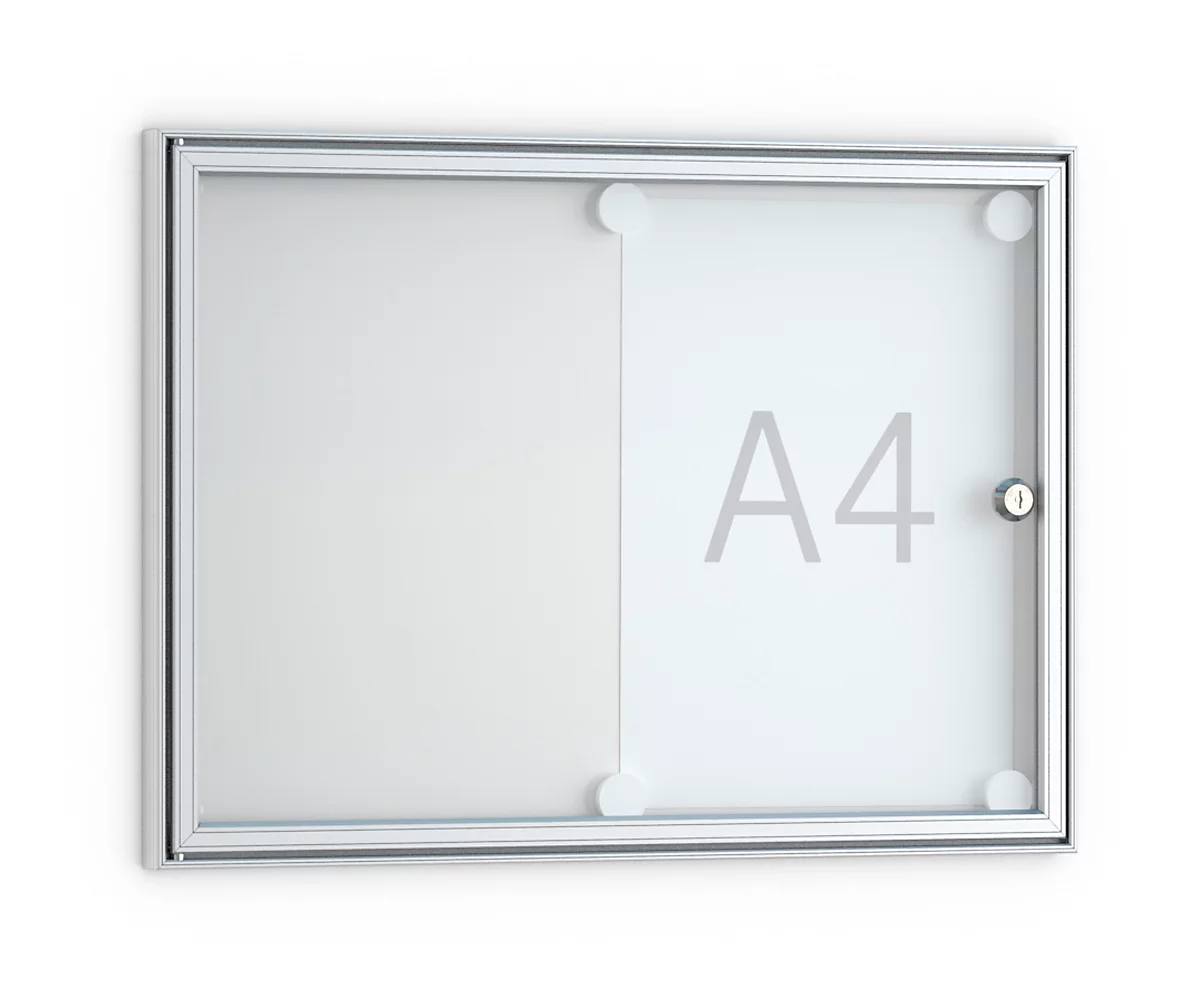 Tablón de anuncios plano, en punta, 2 x DIN A4, puerta de cristal con marco