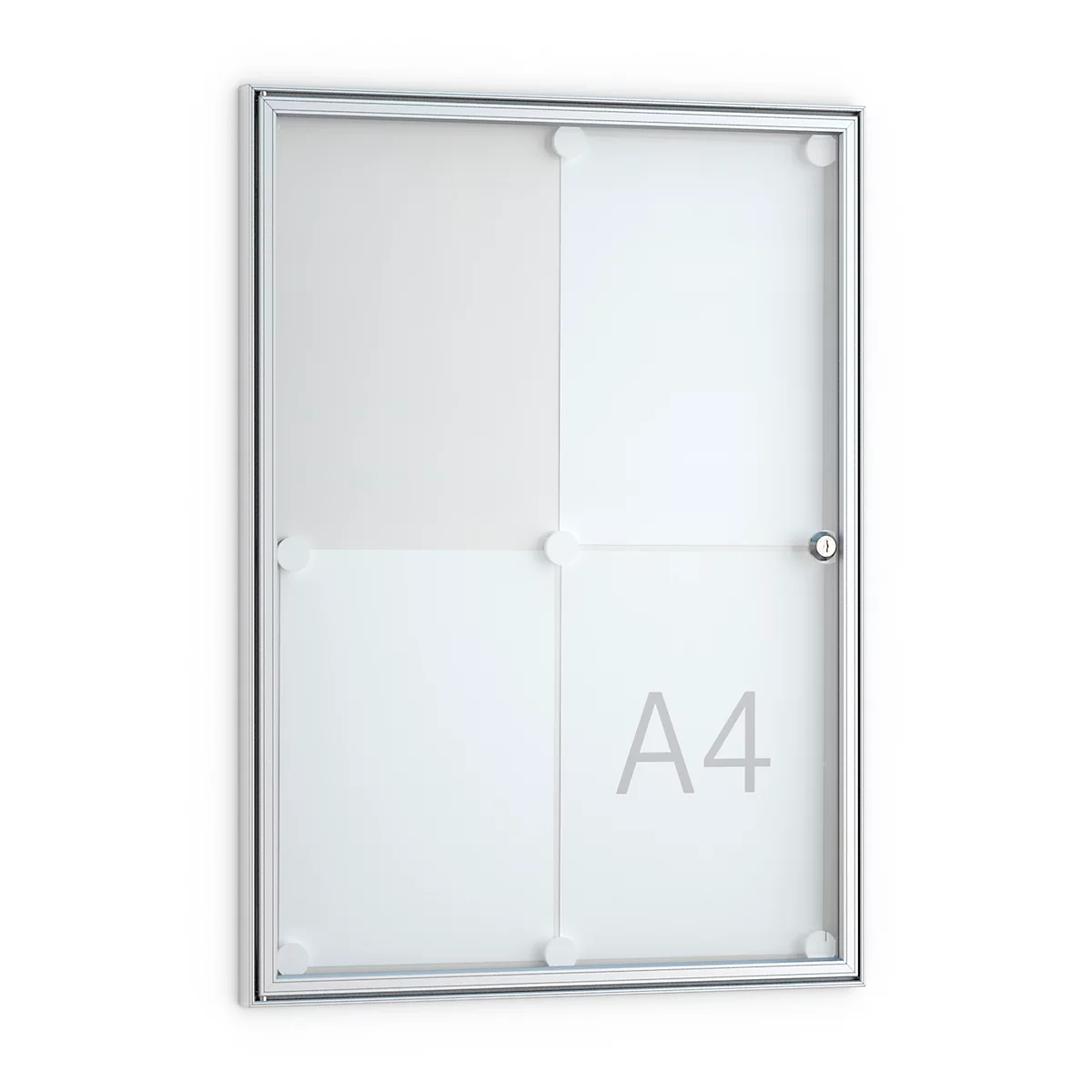 Tablón de anuncios plano, en punta, 4 x DIN A4, puerta de cristal con marco