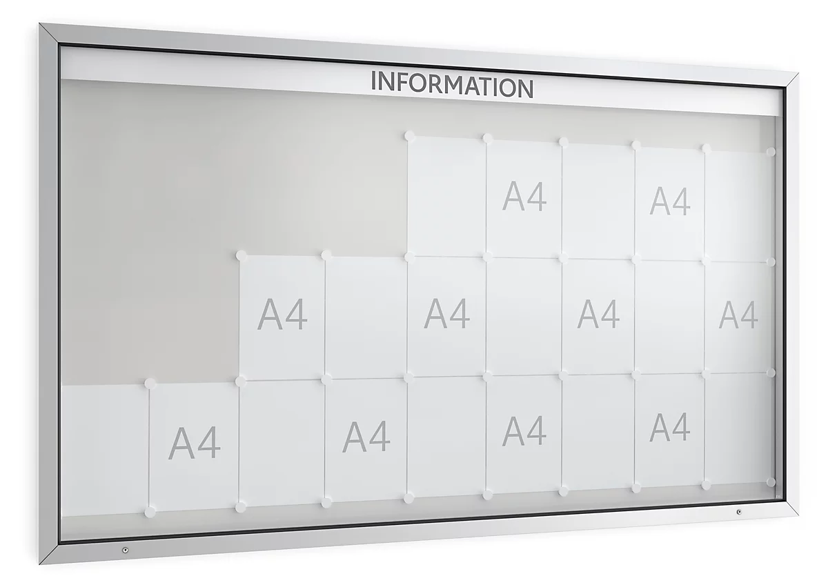 Tablón de anuncios WSM, formato apaisado, An 2000 x P 70 x Al 1200 mm, para interior y exterior, con cerradura, incl. 10 imanes y listón de rotulación