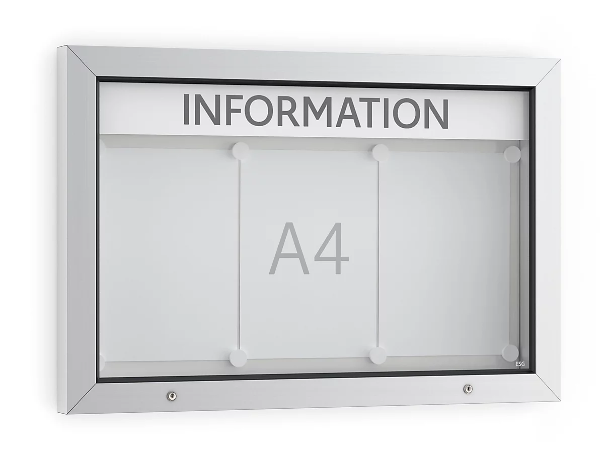 Tablón de anuncios WSM, formato apaisado, An 750 x P 70 x Al 500 mm, para interior y exterior, con cerradura, incl. 10 imanes y listón de rotulación