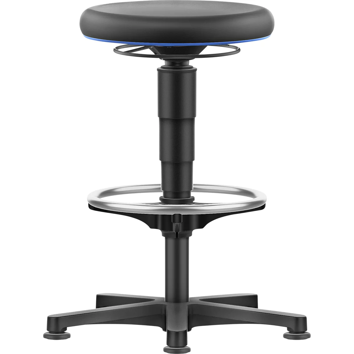 Tabouret pivotant noir, assise ronde avec bord bleu, repose-pieds argenté, base en étoile.
