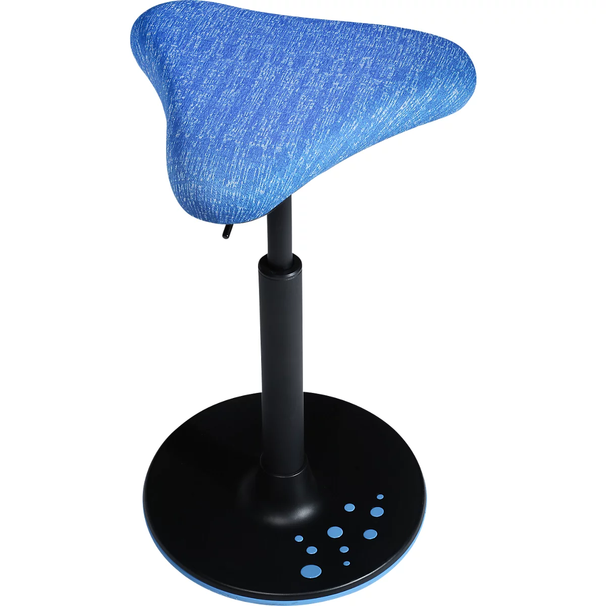 Tabouret debout ergonomique bleu avec base et colonne noires. Le siège a une forme spéciale pour une position debout confortable.