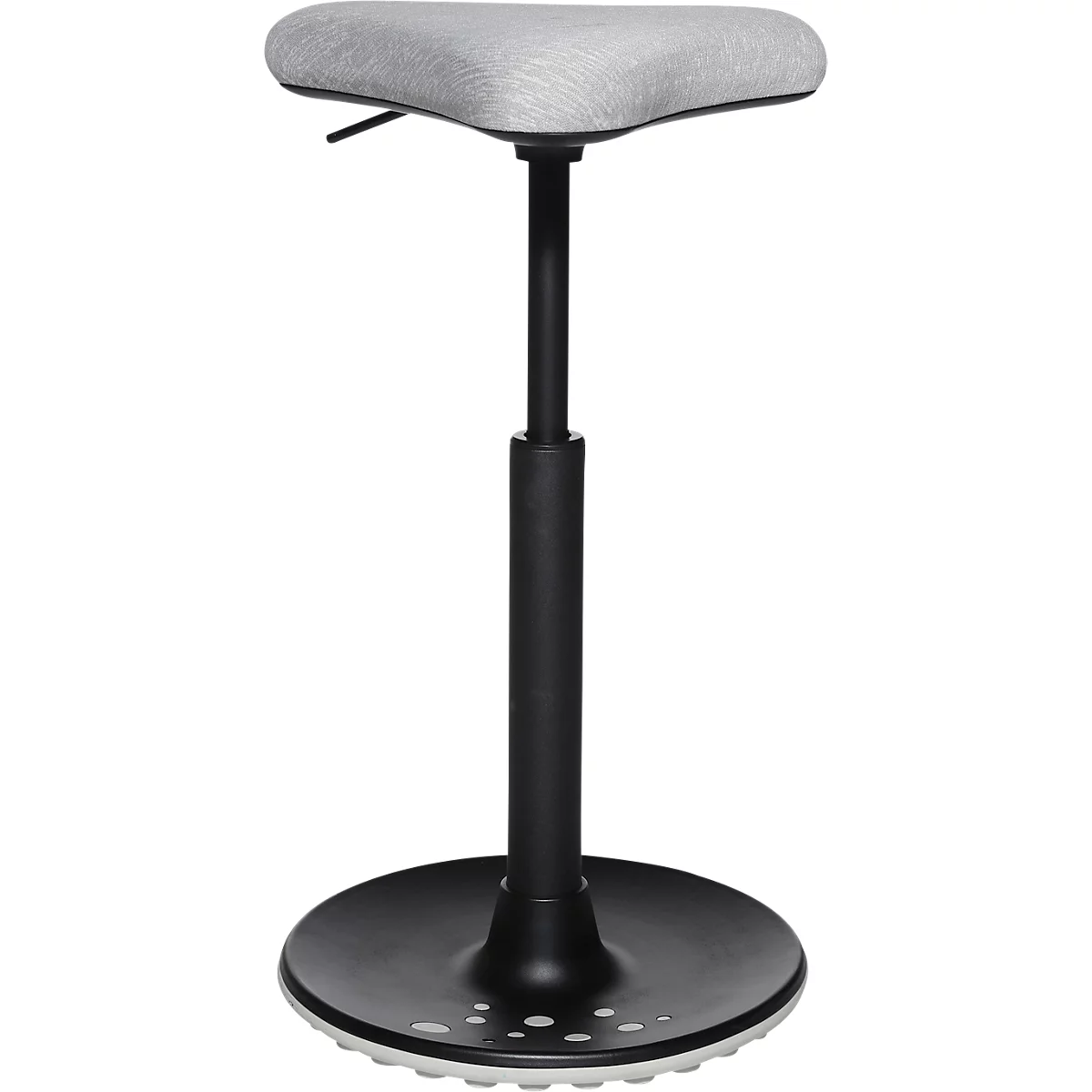 Tabouret noir réglable en hauteur avec assise grise et base ronde.