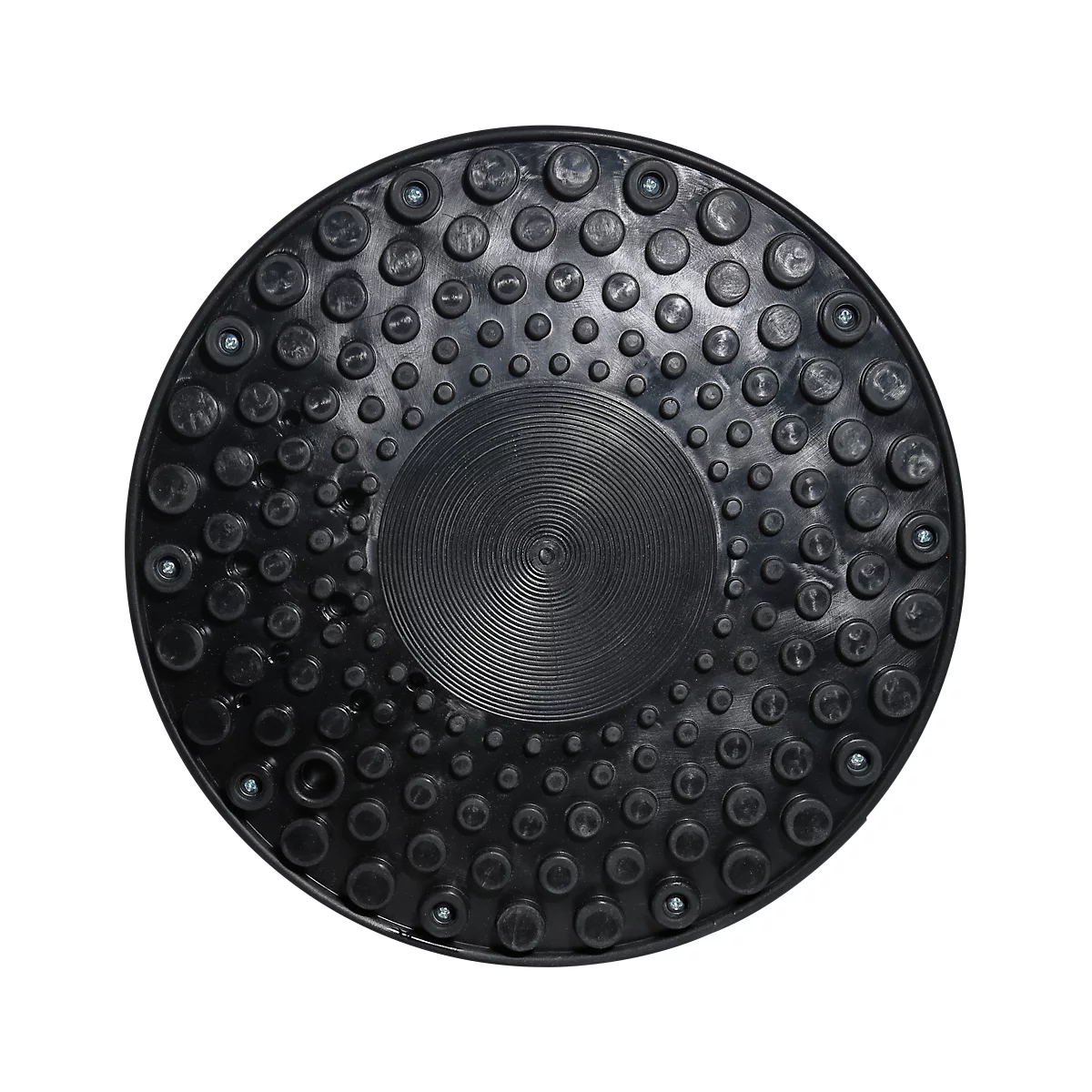 Disque d'équilibre noir et rond. La surface est texturée avec des crampons et un motif circulaire concentrique.
