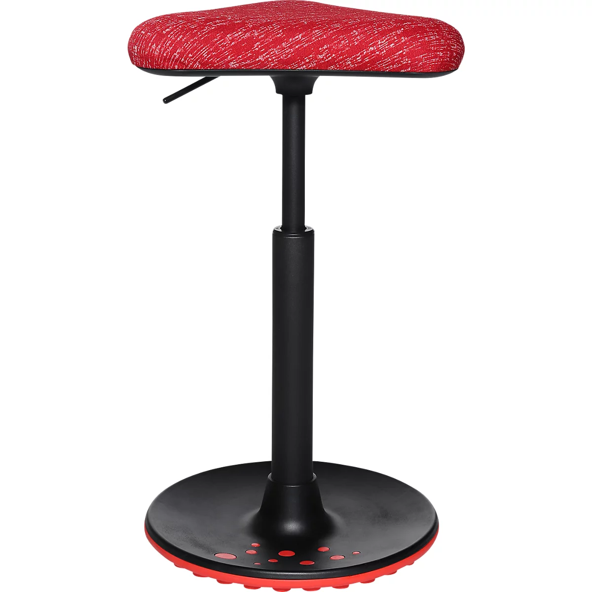 Tabouret debout ergonomique avec assise rouge, cadre et base noirs.
