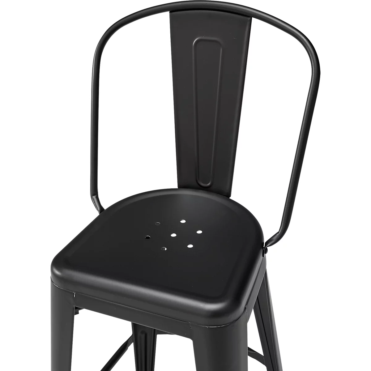Tabouret de bar en métal noir, avec dossier et assise perforée.