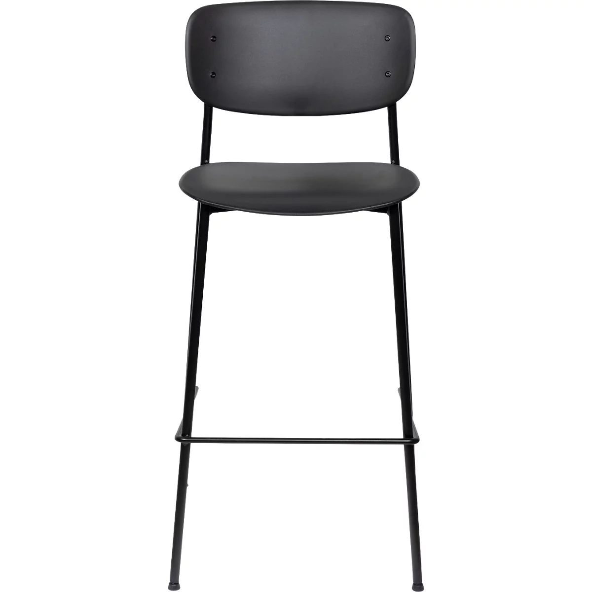 Tabouret de bar noir avec dossier, pieds en métal et repose-pieds, isolé sur fond blanc.