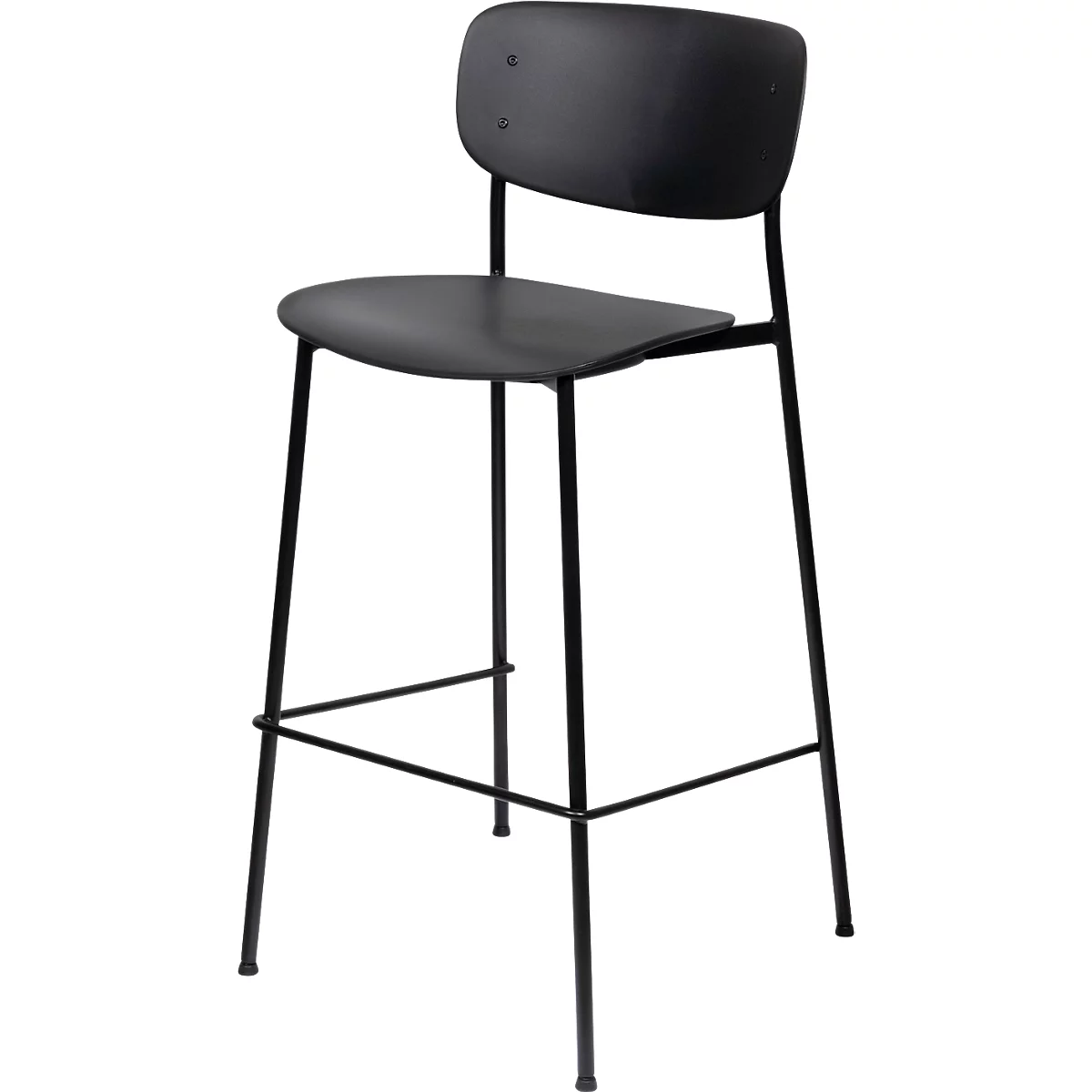 Tabouret de bar noir avec dossier et quatre pieds fins.