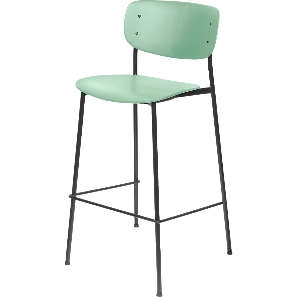 Un tabouret de bar haut avec une assise et un dossier vert menthe. Le cadre est noir.