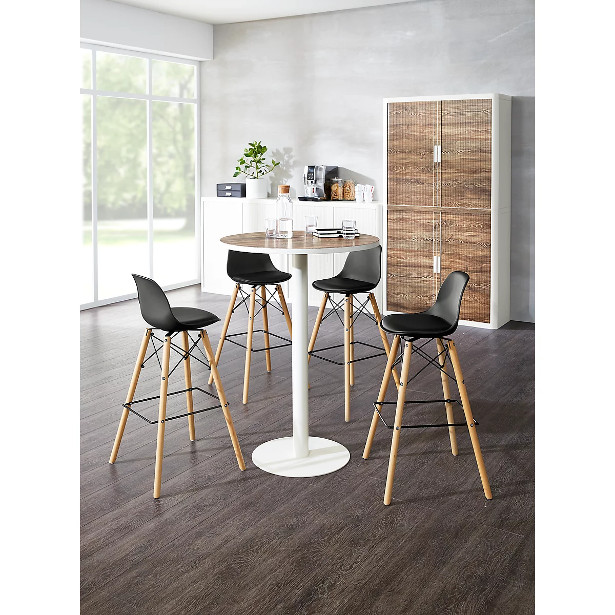 Tabouret de bar STEELWOOD, plastique, pieds en bois, coussin, hauteur d'assise 740 mm, 2 unités, noir