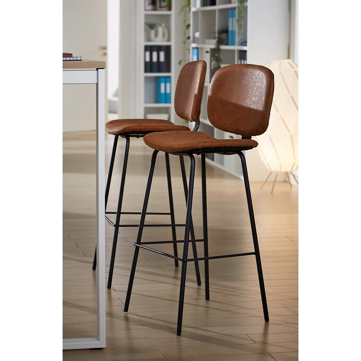 Tabouret de bar Vintage, avec dossier, pieds en acier, hauteur d'assise 760 mm, 2 pièces, L 430 x P 510 x H 1080 mm, similicuir, marron