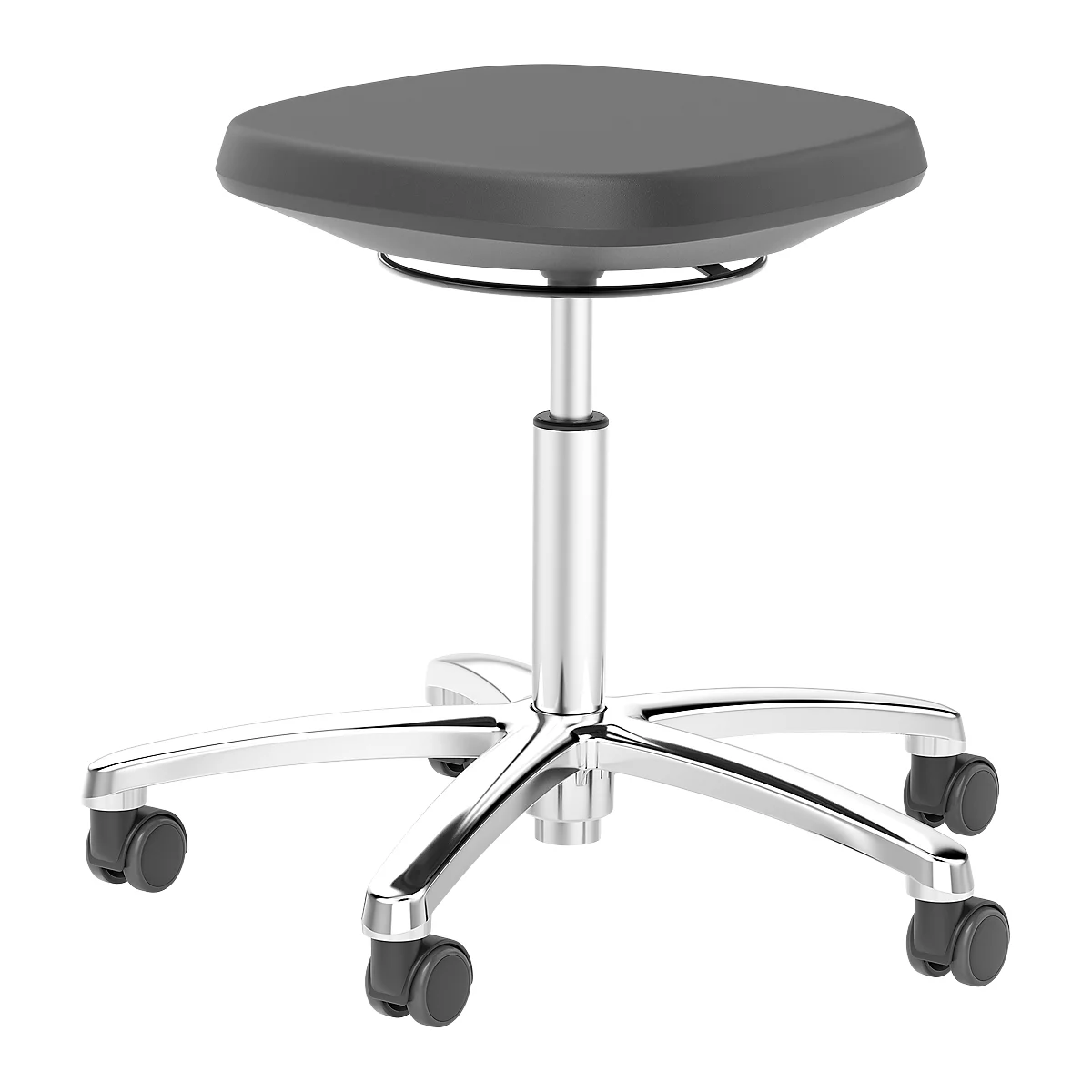 Tabouret gris réglable en hauteur avec roulettes sur fond blanc.