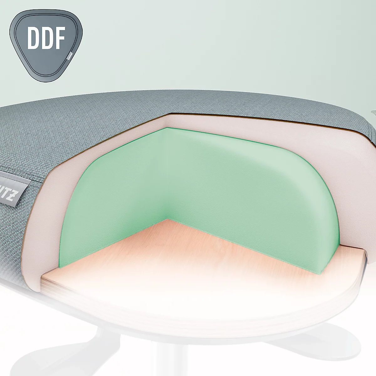 Coupe transversale d'une chaise : tissu gris, rembourrage vert et bois. L'étiquette "DDF" est visible.