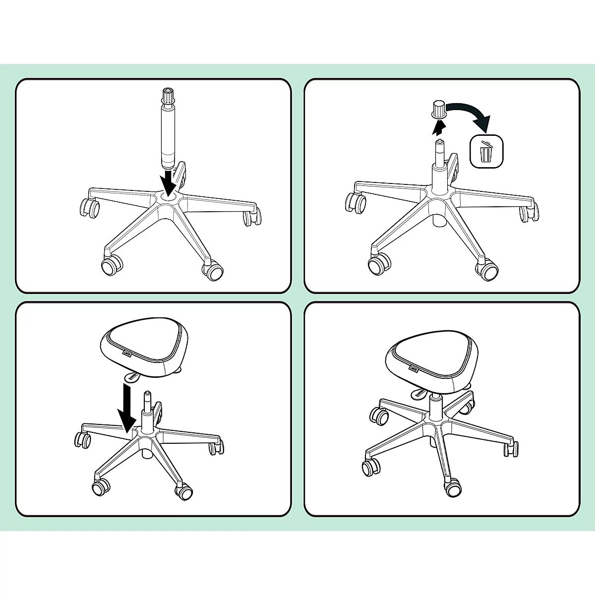 Instructions sur la façon d'assembler une chaise de bureau en quatre étapes. Les différentes pièces sont assemblées.