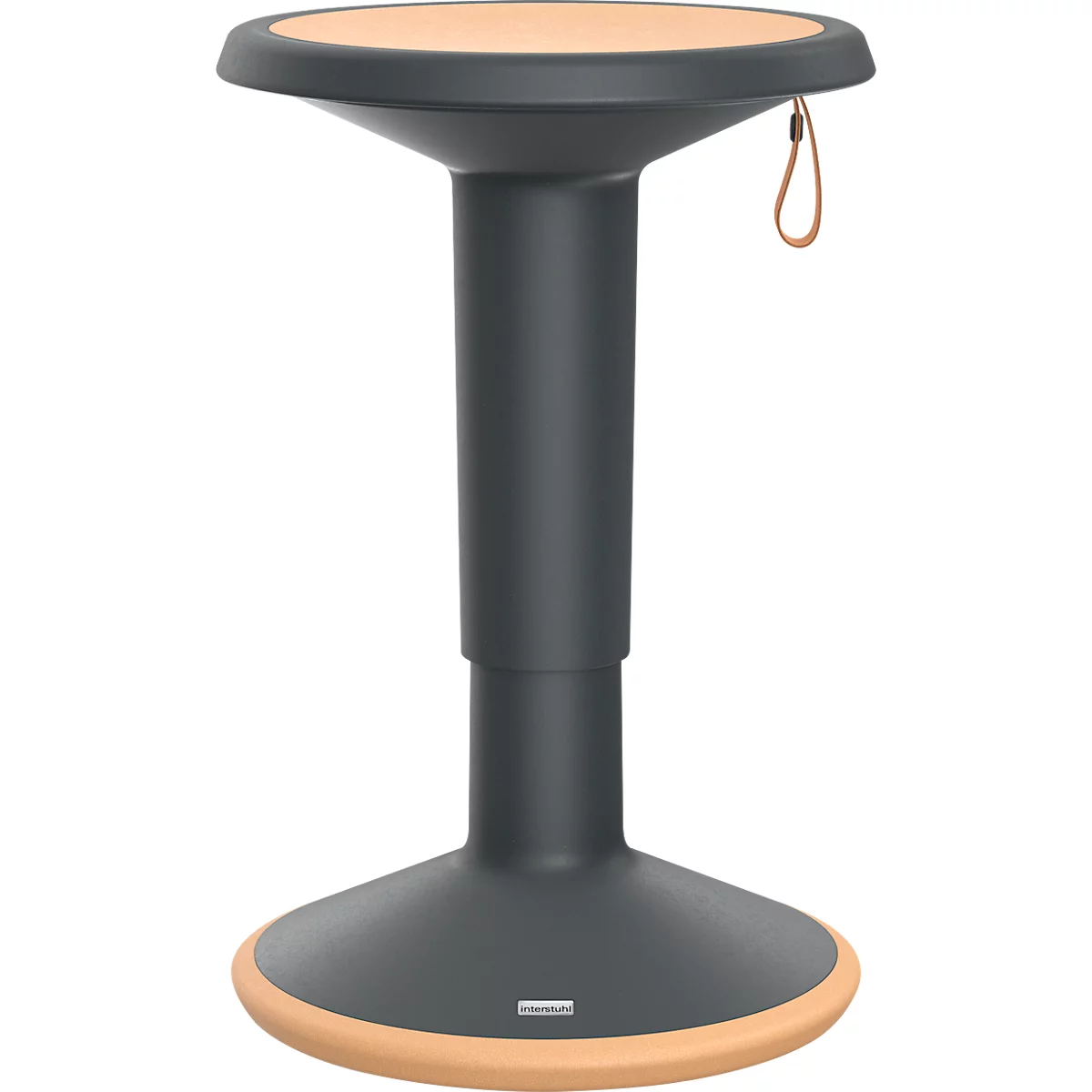 Tabouret anthracite avec assise et bord de pied beige. Une lanière en cuir sur le côté.