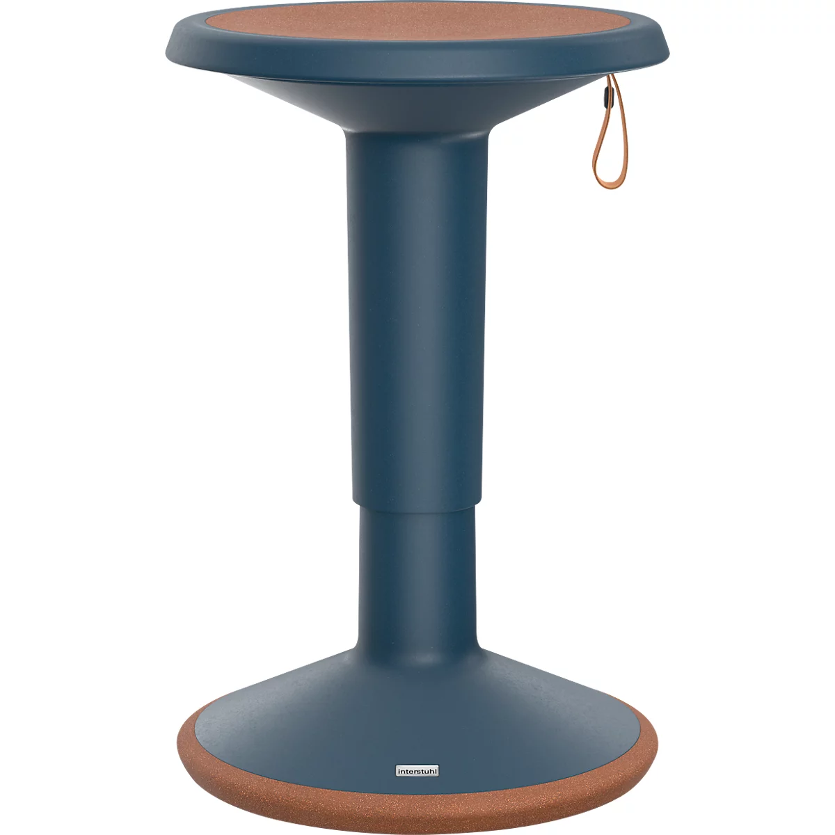 Tabouret bleu réglable en hauteur avec assise et base marron. Petite sangle pour le transport.