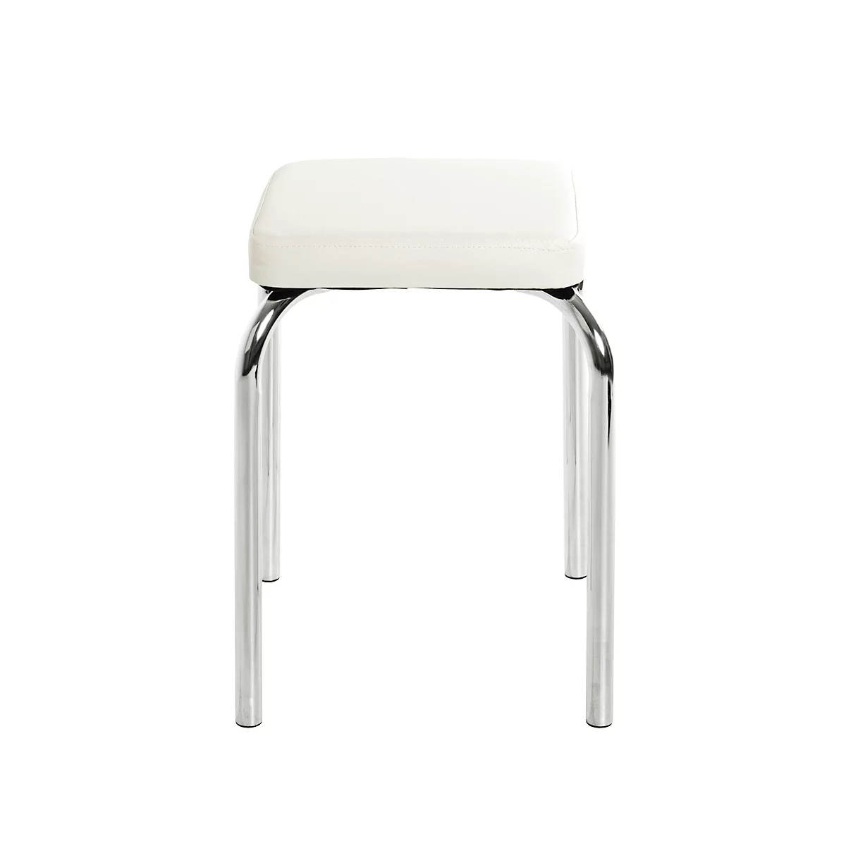 Tabouret blanc avec assise rembourrée et pieds chromés, sur fond blanc.