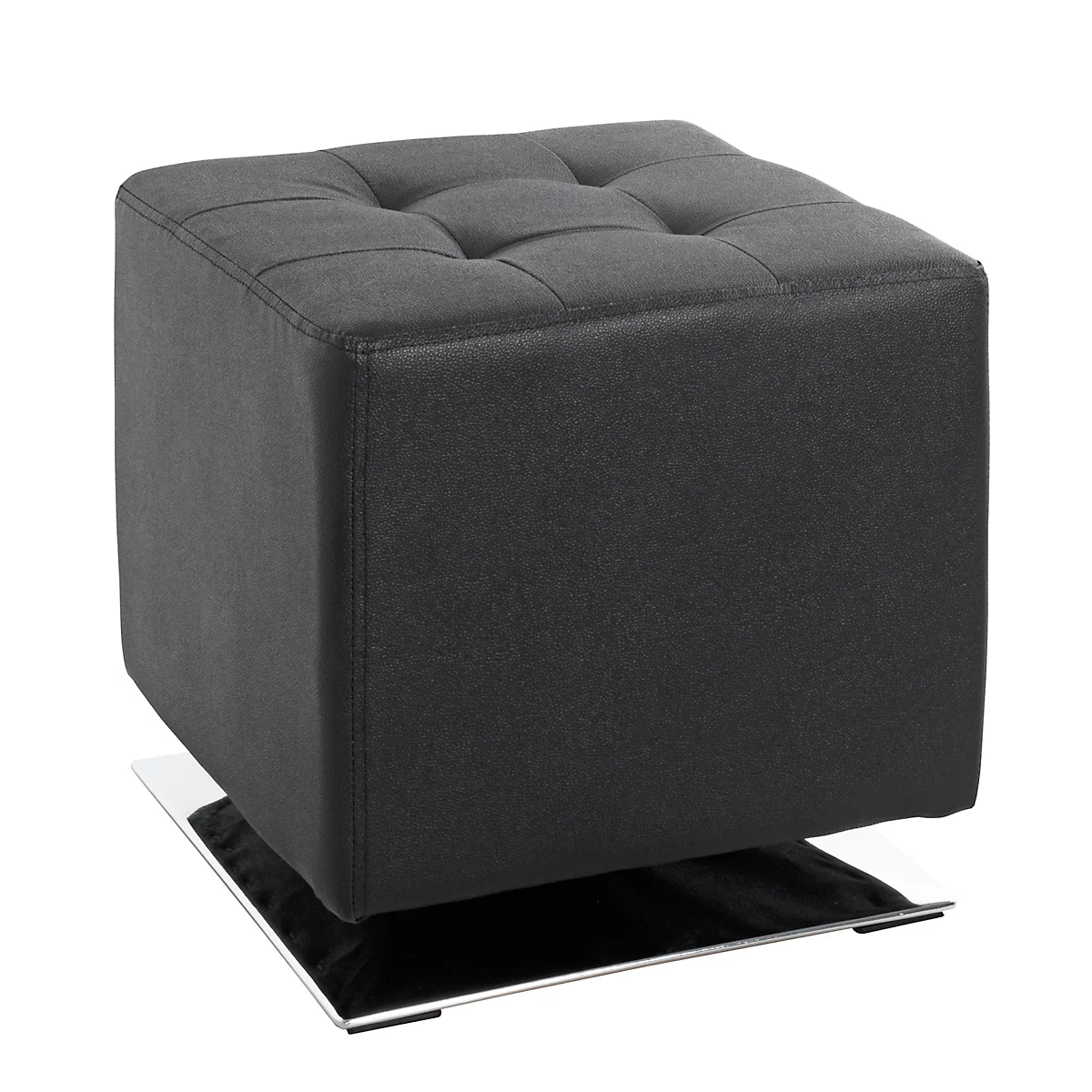 Tabouret carré noir avec assise rembourrée, sur socle chromé. Dimensions : 40x40x42 cm.