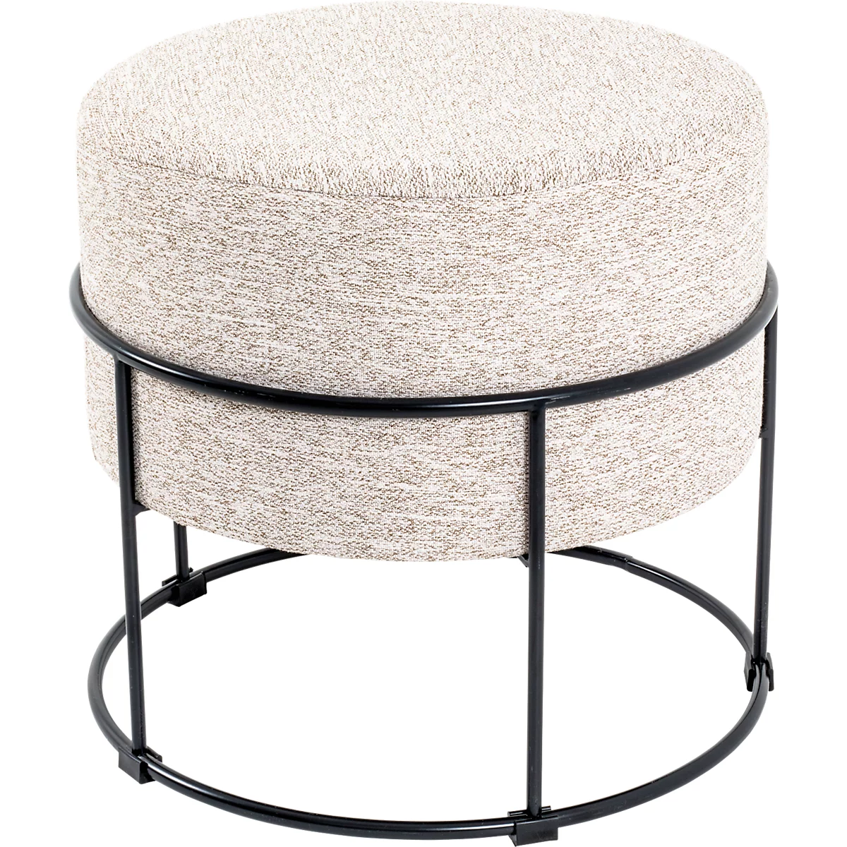 Tabouret rond rembourré avec revêtement en tissu gris clair et cadre en métal noir.