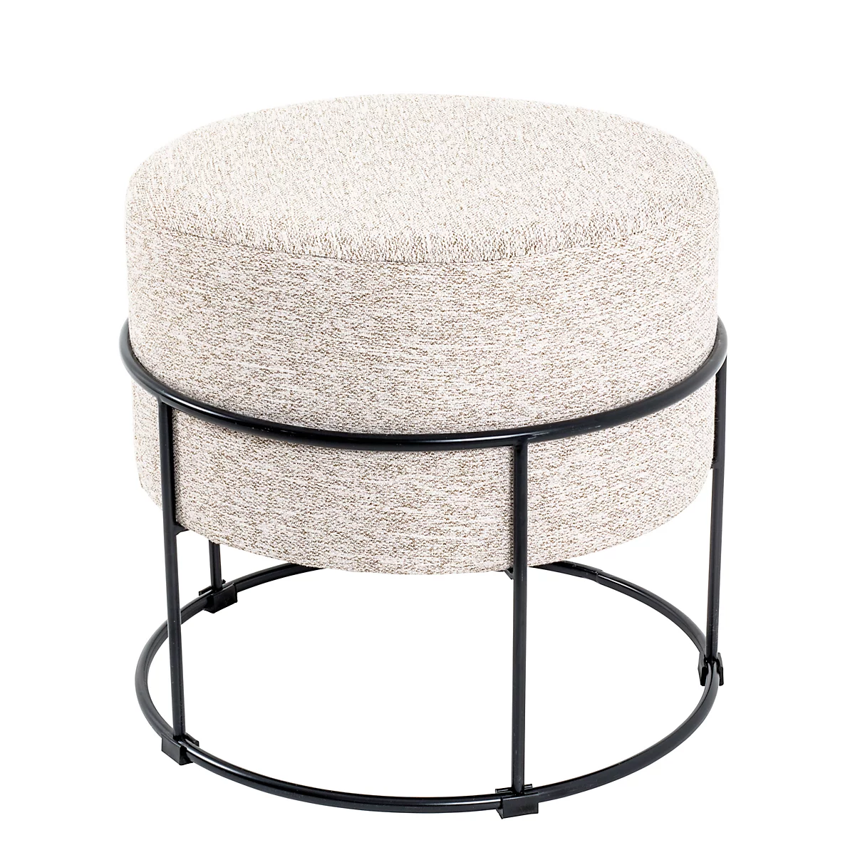 Tabouret rond avec assise beige et structure en métal noir, plante d'intérieur et fenêtre en arrière-plan.