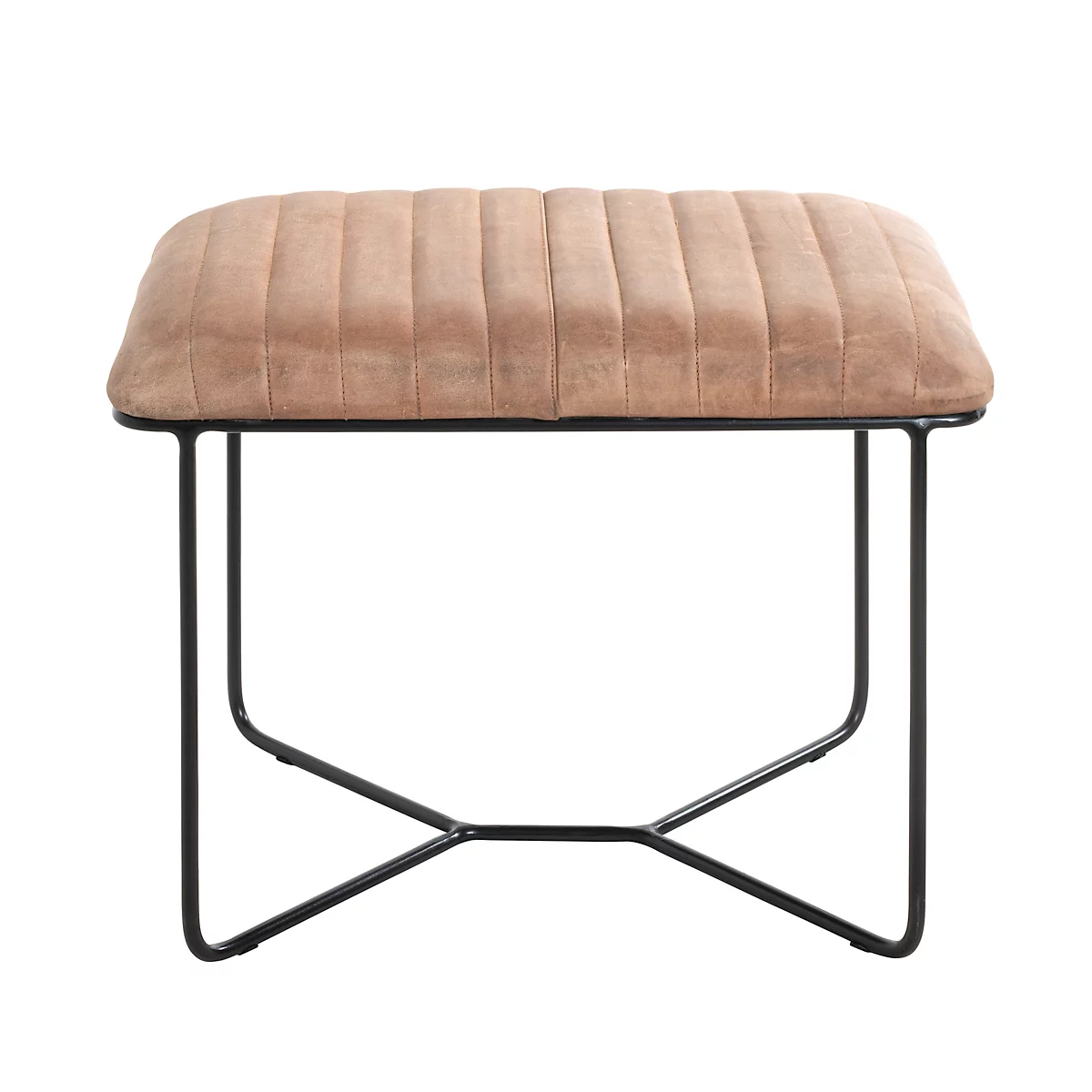 Banc rembourré marron avec cadre noir. Sur celui-ci se trouvent des lunettes, un smartphone et des serviettes. Sac à main, écharpe accrochés au mur.