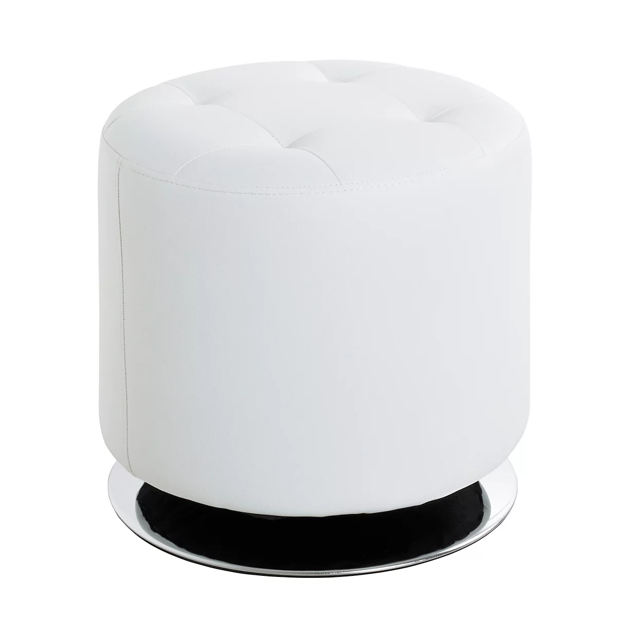 Pouf rond blanc avec motif de boutons, sur une base chromée.