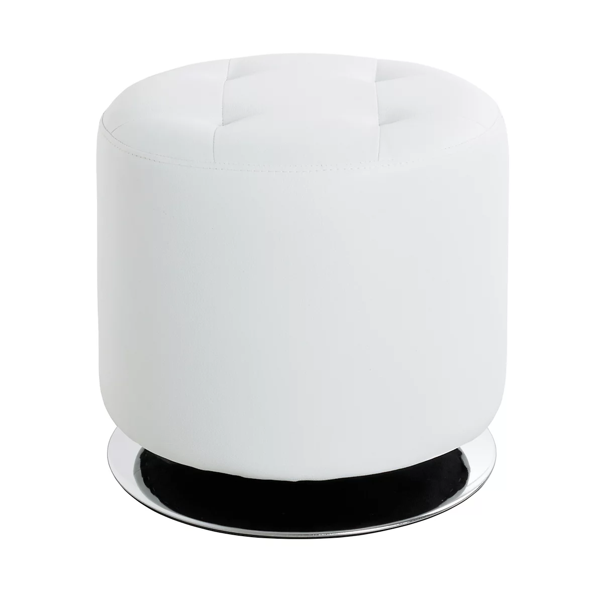 Tabouret rond blanc avec base chromée, 40 cm de haut et de diamètre. Assise pointillée.