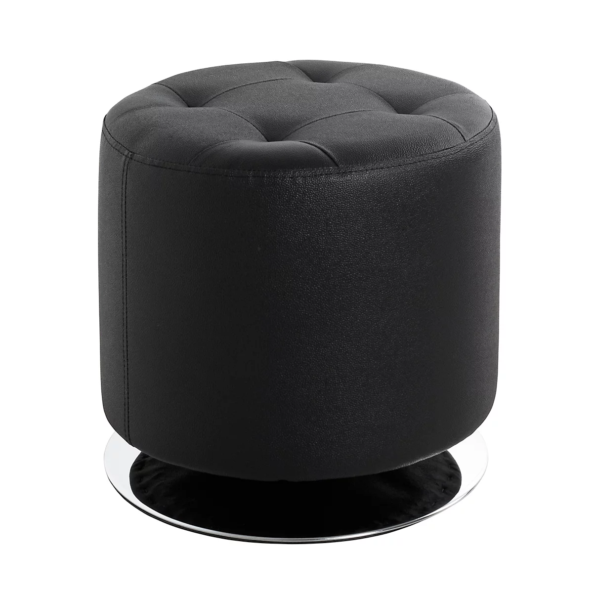 Tabouret rond noir, capitonné avec des boutons. Diamètre 40 cm, hauteur 40 cm. Socle en métal brillant.