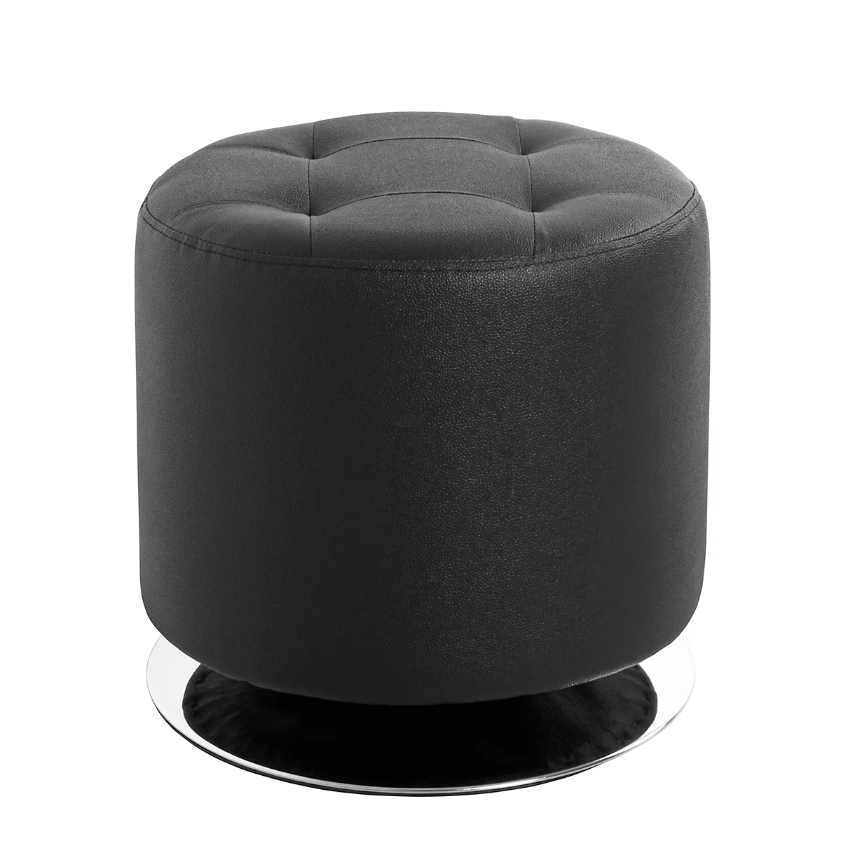 Pouf rond noir, rembourré avec capitonnage sur une base métallique brillante.