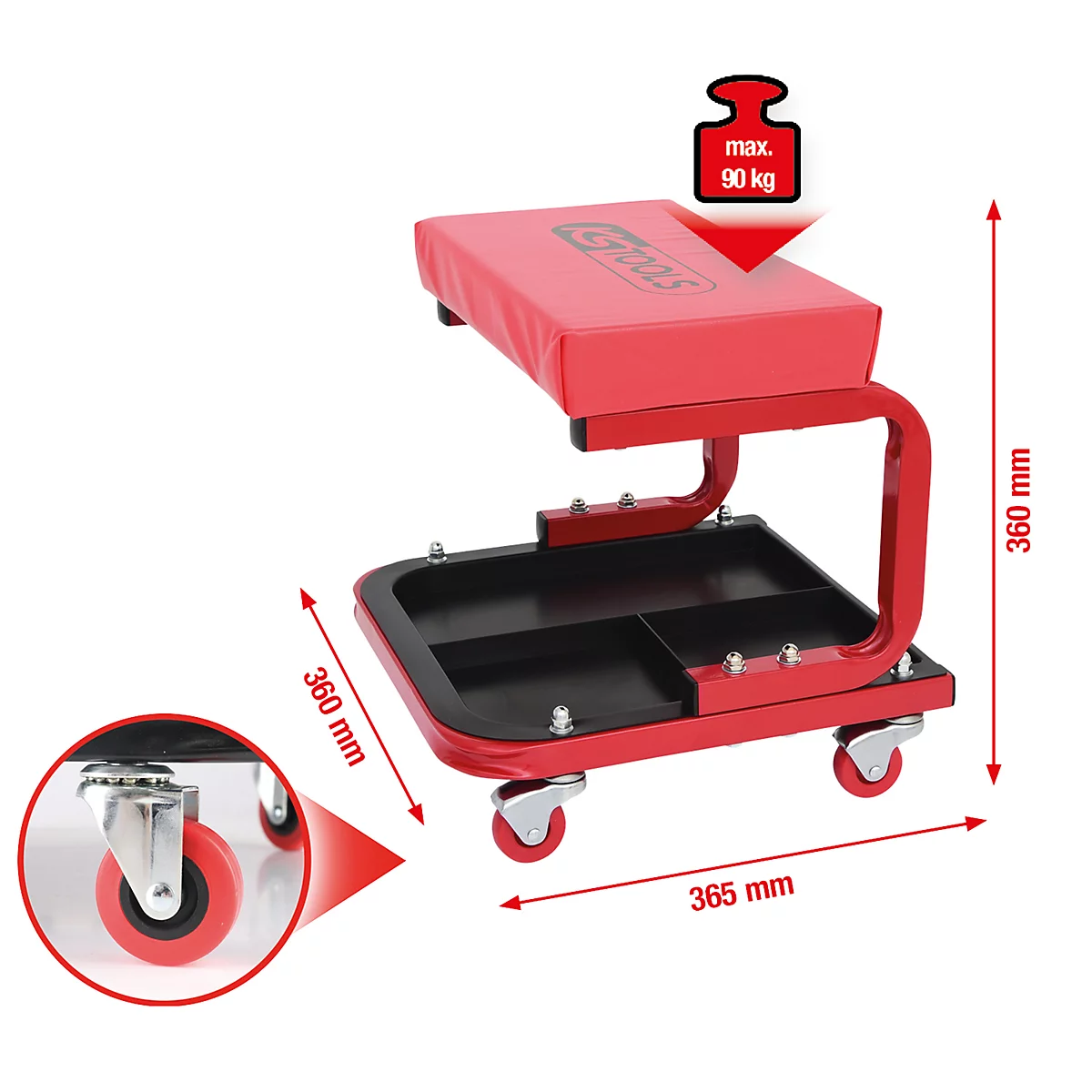 Tabouret d'atelier rouge avec rangement noir et roulettes. Charge maximale 90 kg. Dimensions : 360 x 360 x 365 mm.