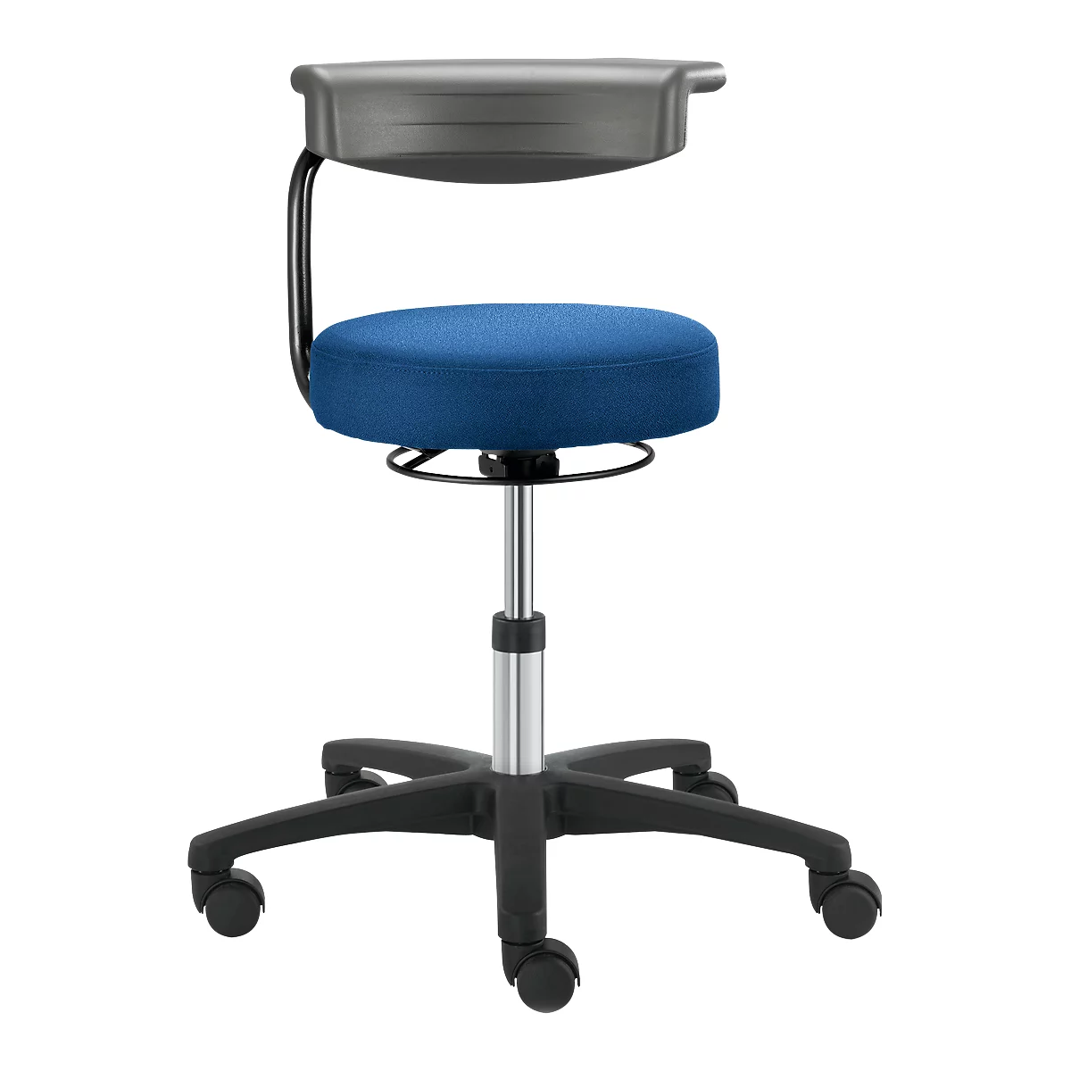 Tabouret pivotant avec assise bleue, dossier gris, cadre noir et roulettes.