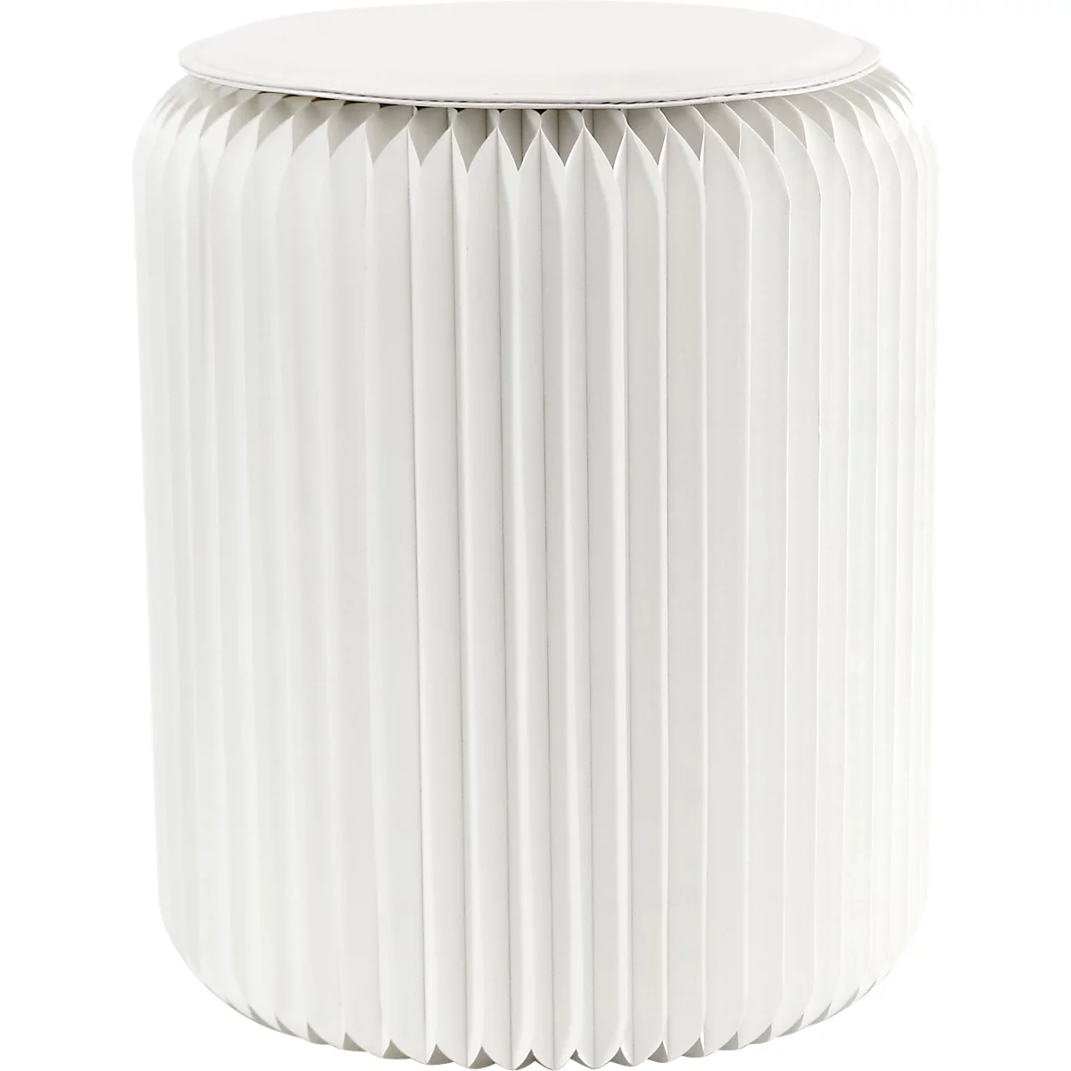 Tabouret blanc, cylindrique, avec une surface cannelée et une assise ronde.