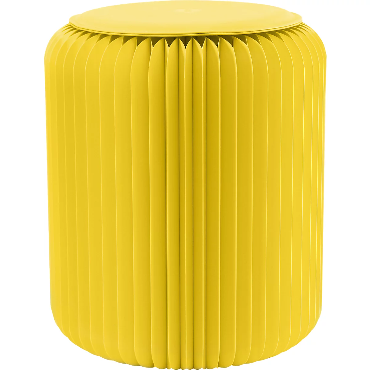 Tabouret jaune et nervuré, cylindrique avec une assise ronde.