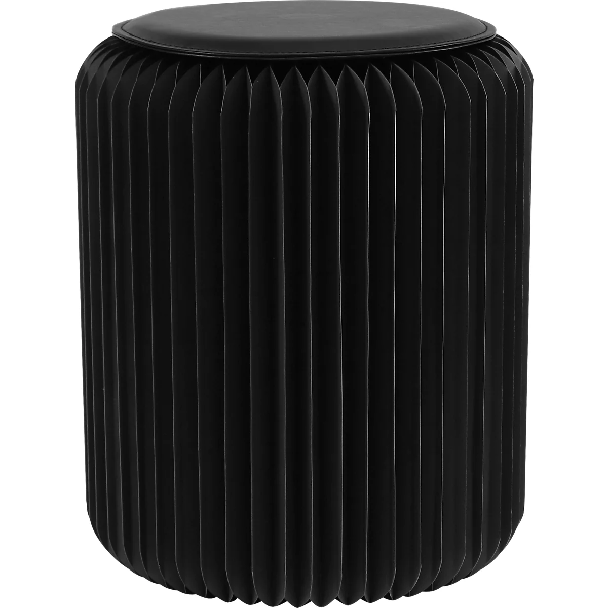 Tabouret cylindrique noir avec une surface striée et une assise rembourrée.