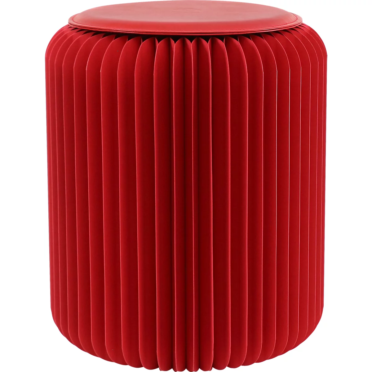 Tabouret rond rouge. Dessus et structure en accordéon de la même couleur rouge.