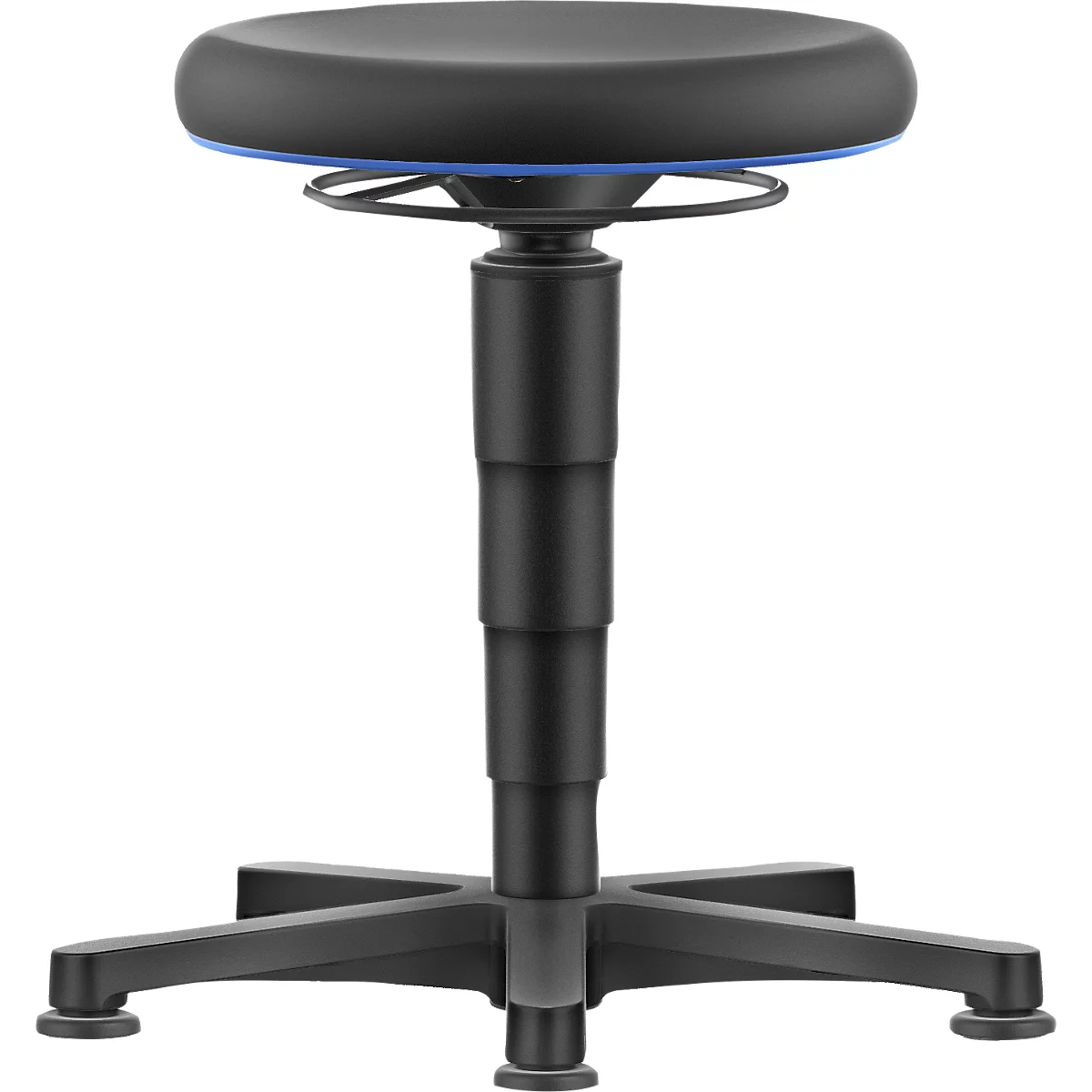 Chaise de travail noire réglable en hauteur. L'assise et le pied sont noirs, un anneau bleu entoure l'assise.