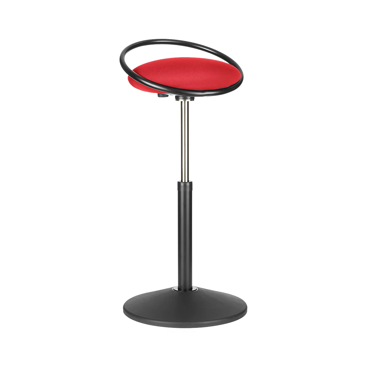Tabouret rouge avec cadre et base noirs.