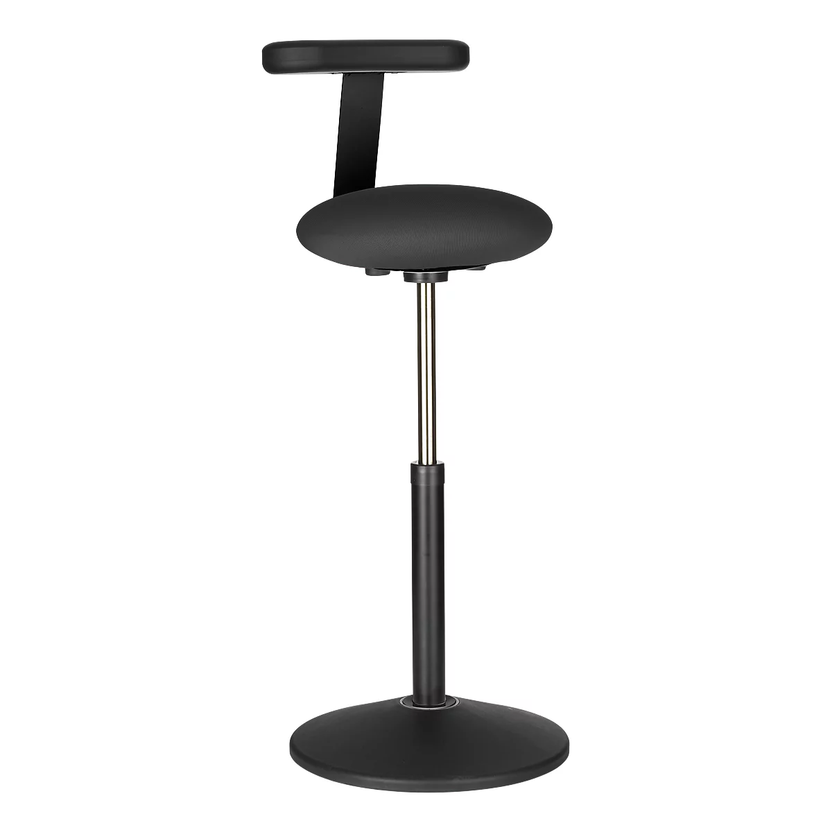 Tabouret noir avec assise ronde et dossier en T. Réglable en hauteur, avec base ronde.