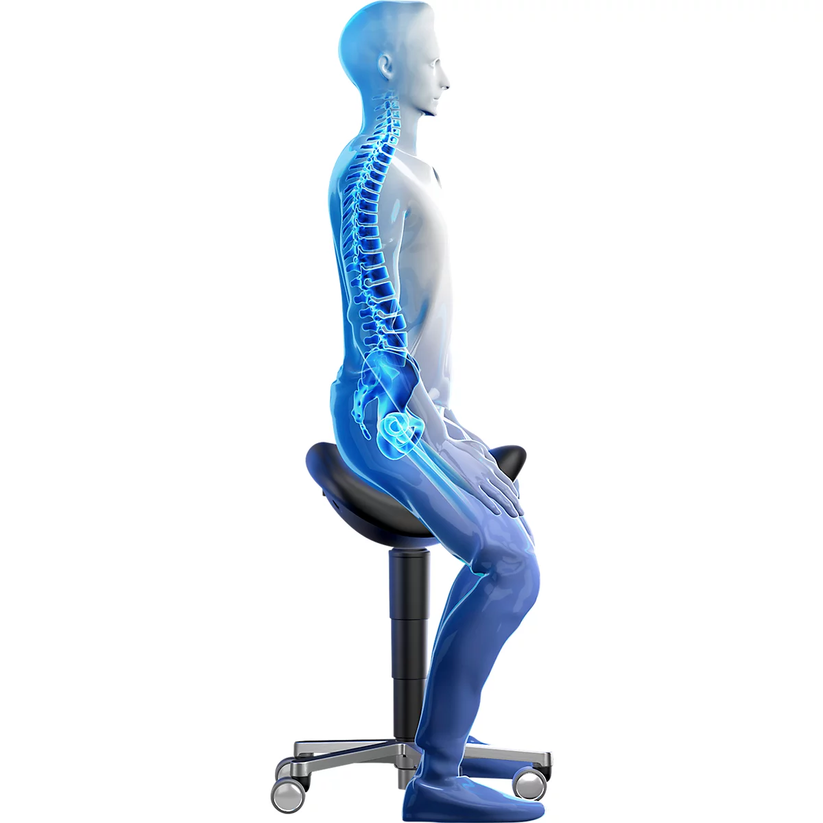 Tabouret selle bimos 9473L, avec roulettes, mécanisme d'assise 3D, réglable en hauteur, jusqu'à 120 kg, acier & similicuir, résistant aux désinfectants, noir