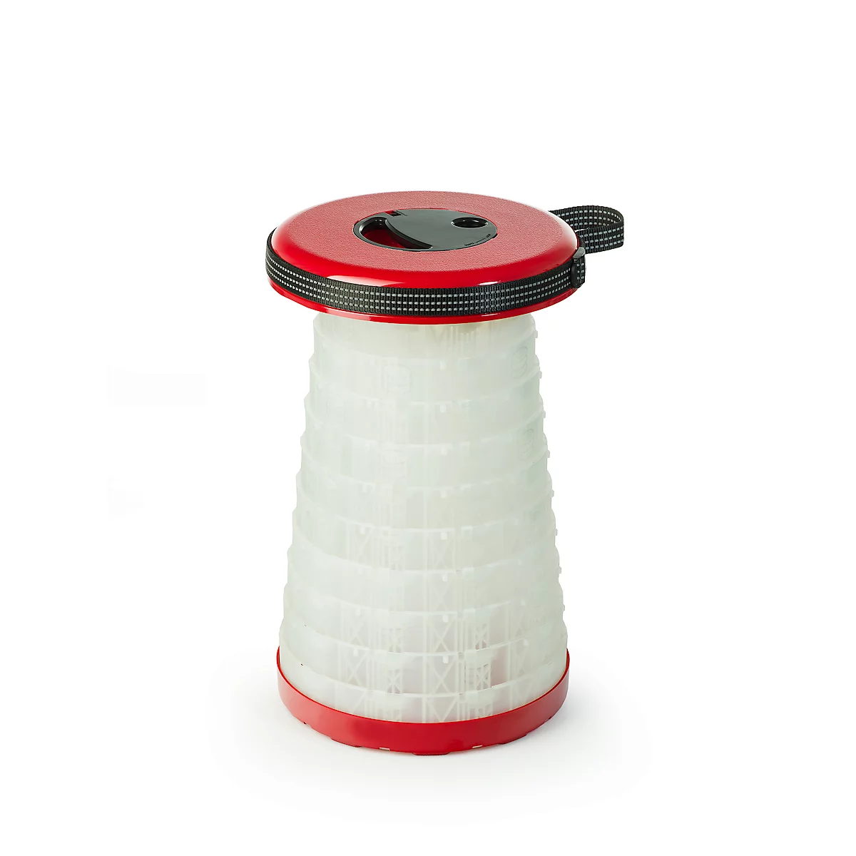 Tabouret télescopique WEDO® SITTOGLOW®, fonction LED à 3 niveaux, hauteur réglable sur 10 niveaux, sangle de transport, jusqu'à 130 kg, IPX4, L 262 x H 70-420 mm, rouge