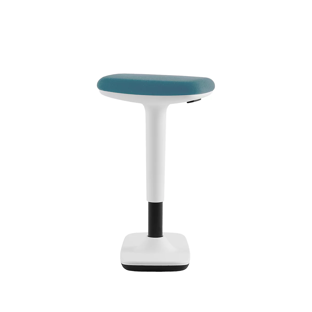 Aide à la station debout avec une base, un pilier et une assise blancs. Le siège est bleu, le pilier blanc, un anneau noir relie les deux.