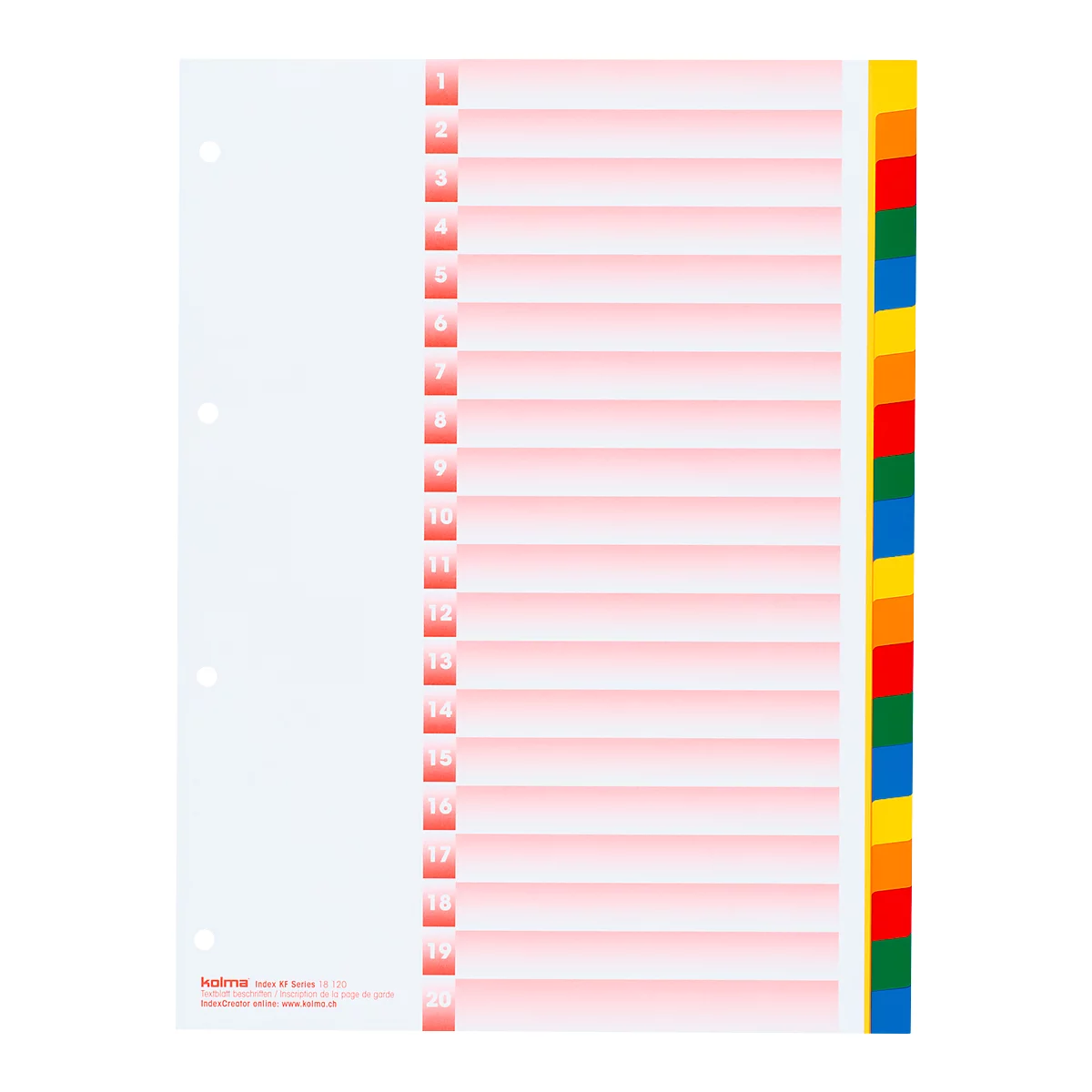 Ring binder dividers with red tabs and numbers. Multi-colored page dividers for identification. On white paper.